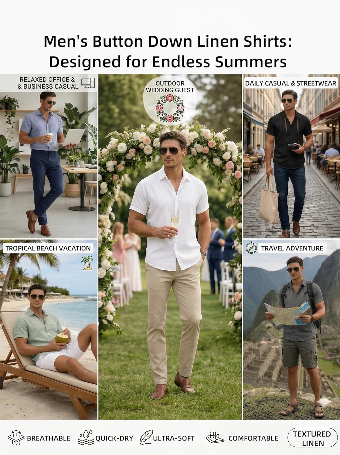 Men's Linen Shirts Slim Short Sleeve Textured Button Down Dress Shirt Breathable Casual Summer Beach Vacation Wedding Tops