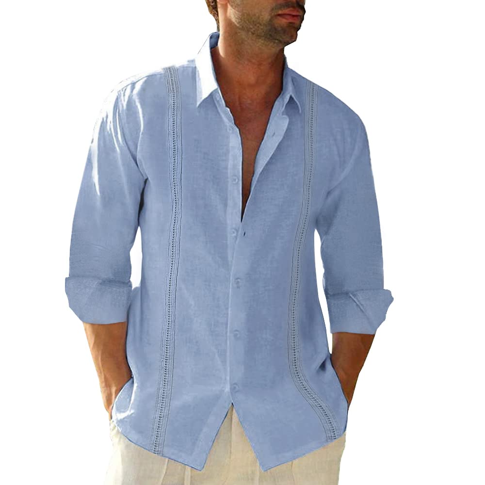 Linen Cotton Button Down Shirts for Men, Casual Long Sleeve Regular Fit Beach Shirts with Pocket