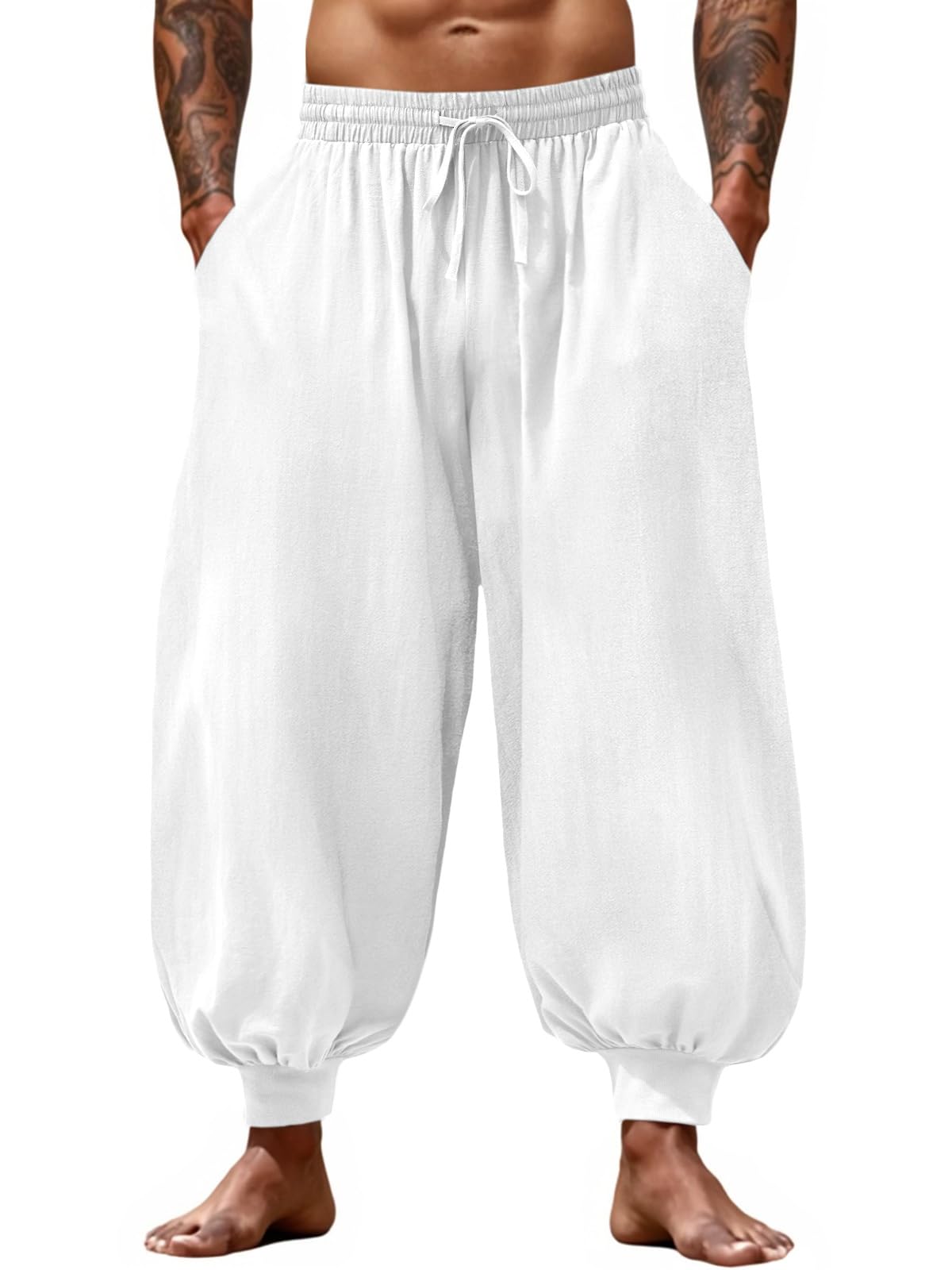 Casual Elastic Waist Drawstring Baggy Pants, Cotton Linen Loose Boho Yoga Beach Trousers