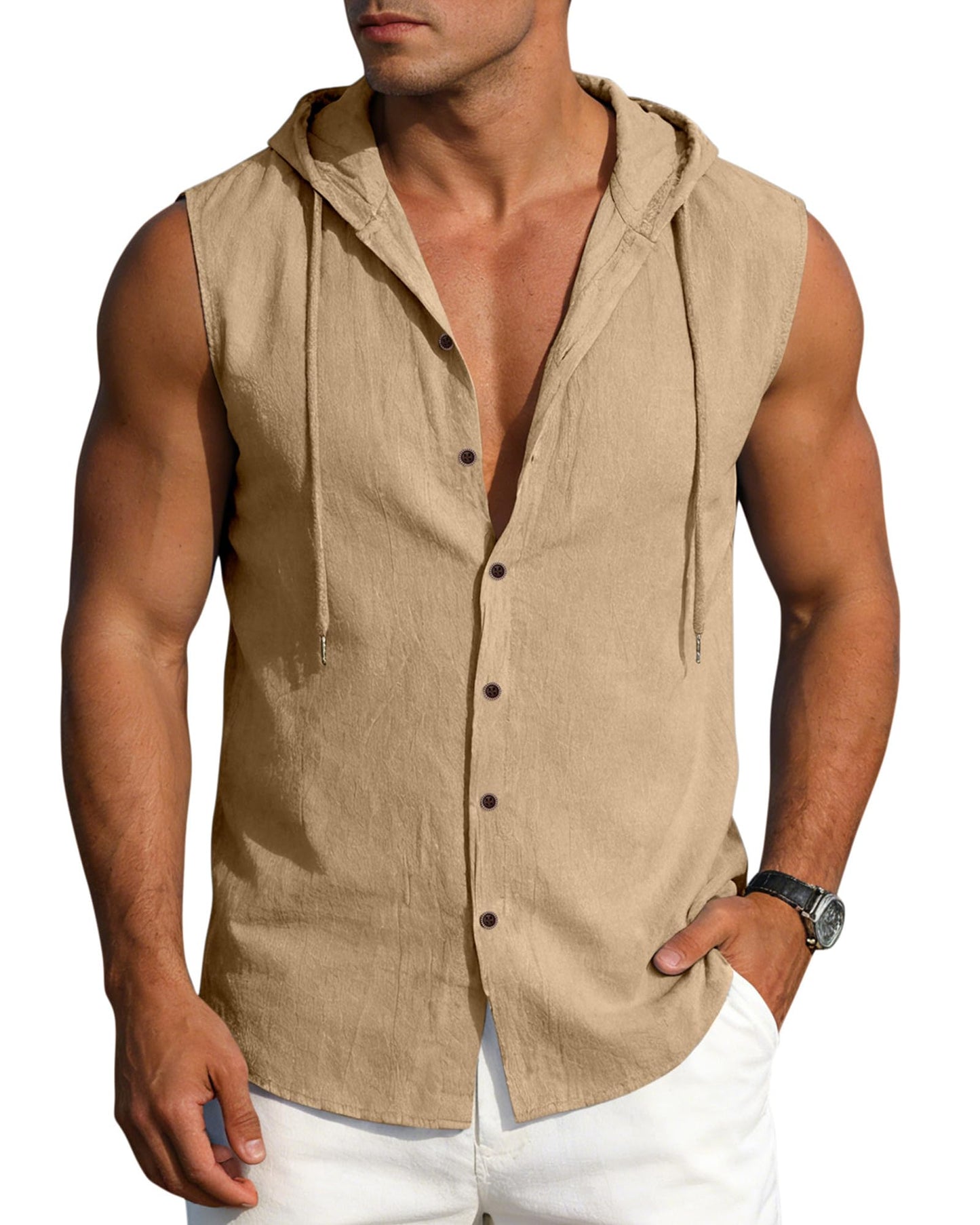 Mens Linen Sleeveless Hoodies Button Down Tank Shirt Summer Casual Beach Lightweight Hawaiian Fashion Tops