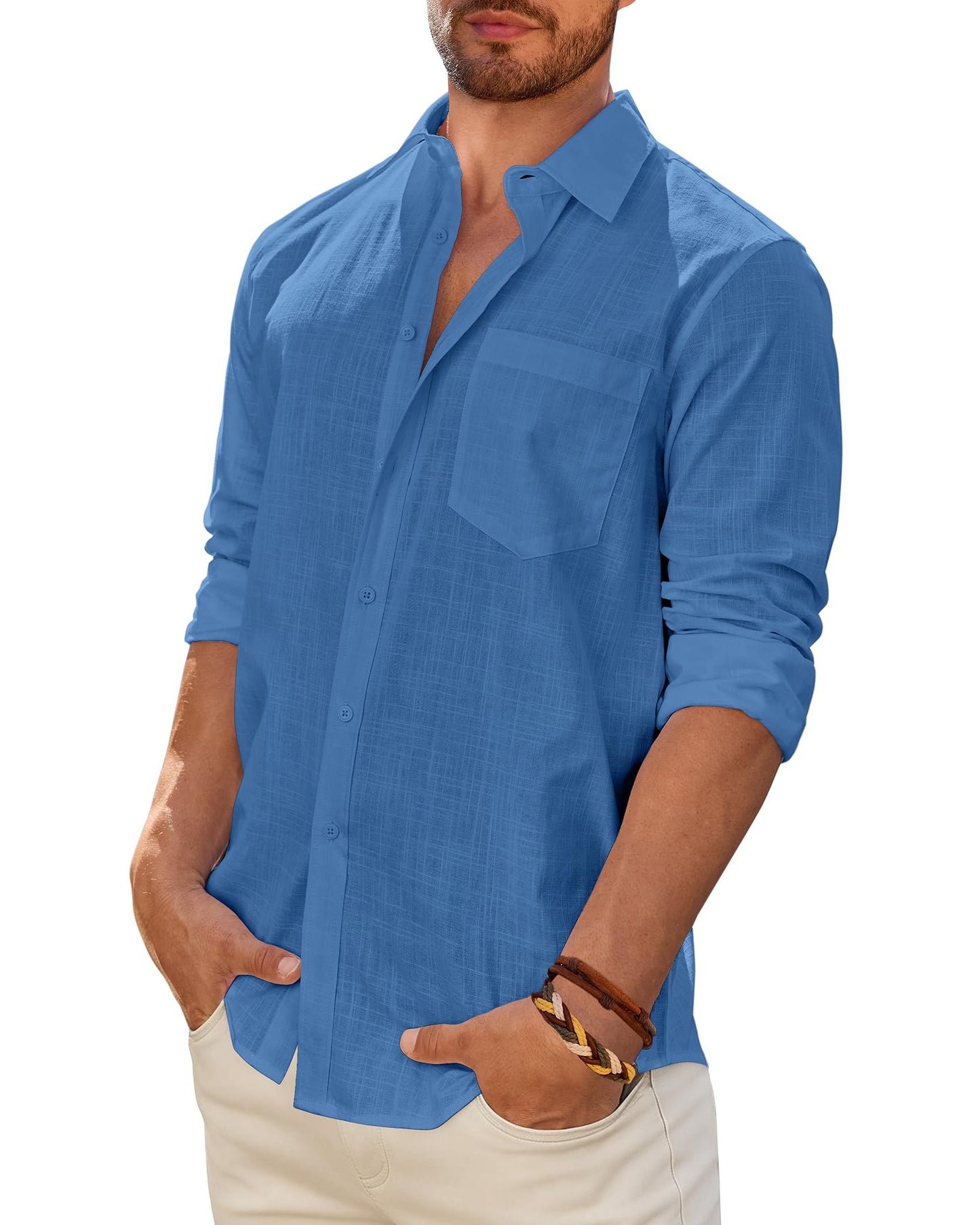Mens Linen Textured Shirt Long Sleeve Casual Cotton Solid Regular Fit Wedding Summer Beach Button Down Shirt