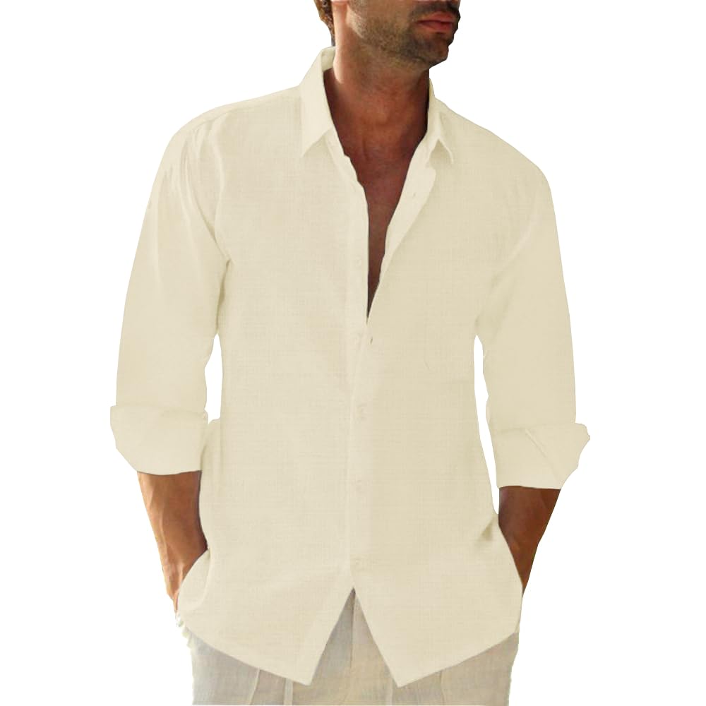 Linen Cotton Button Down Shirts for Men, Casual Long Sleeve Regular Fit Beach Shirts with Pocket