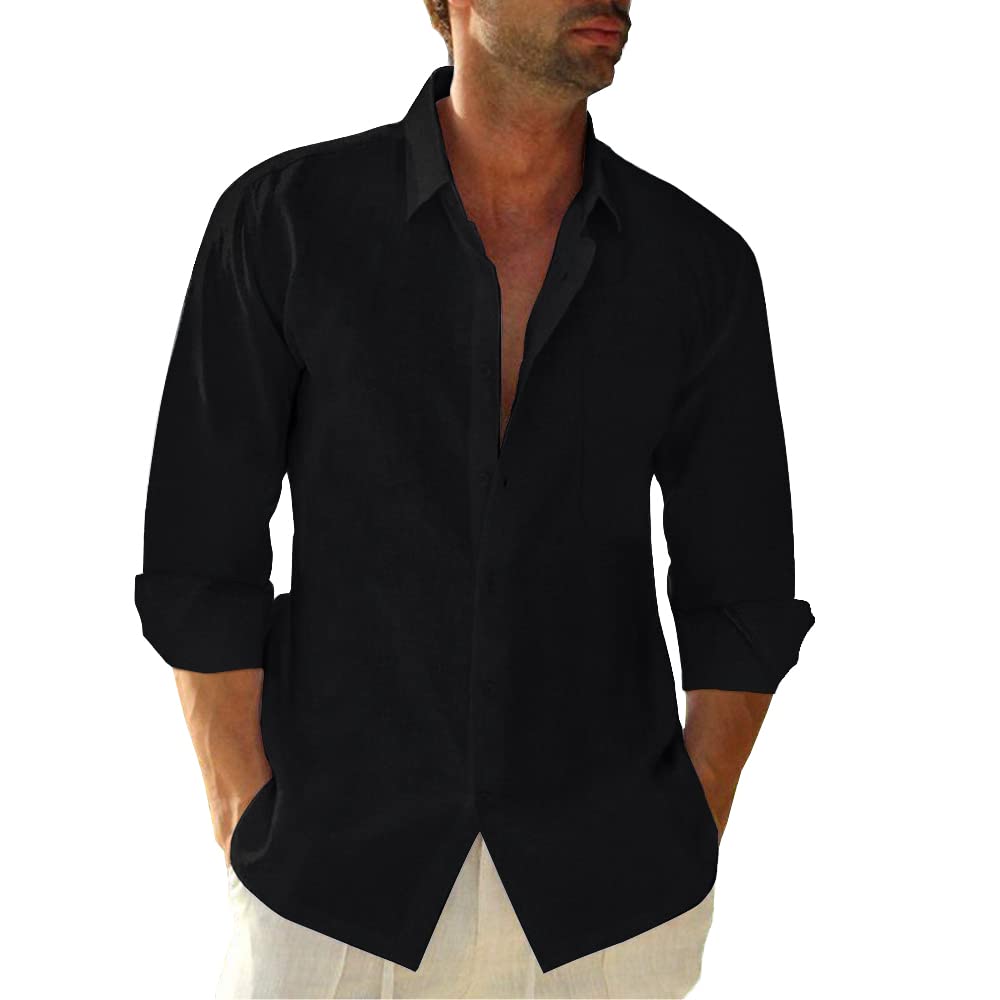 Linen Cotton Button Down Shirts for Men, Casual Long Sleeve Regular Fit Beach Shirts with Pocket