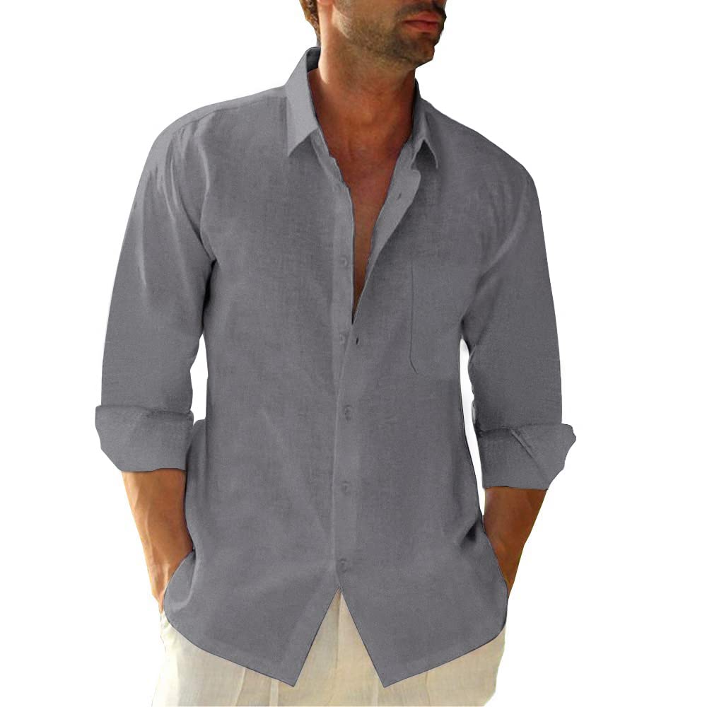 Linen Cotton Button Down Shirts for Men, Casual Long Sleeve Regular Fit Beach Shirts with Pocket
