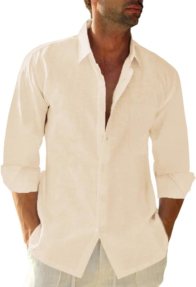 Linen Cotton Button Down Shirts for Men, Casual Long Sleeve Regular Fit Beach Shirts with Pocket