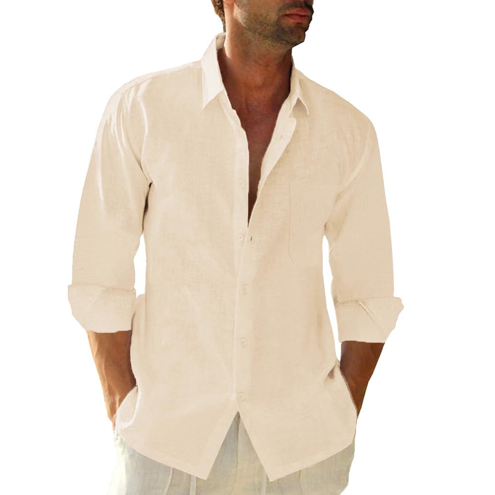 Linen Cotton Button Down Shirts for Men, Casual Long Sleeve Regular Fit Beach Shirts with Pocket