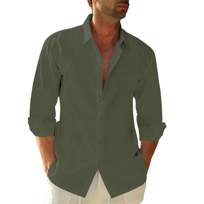 Linen Cotton Button Down Shirts for Men, Casual Long Sleeve Regular Fit Beach Shirts with Pocket