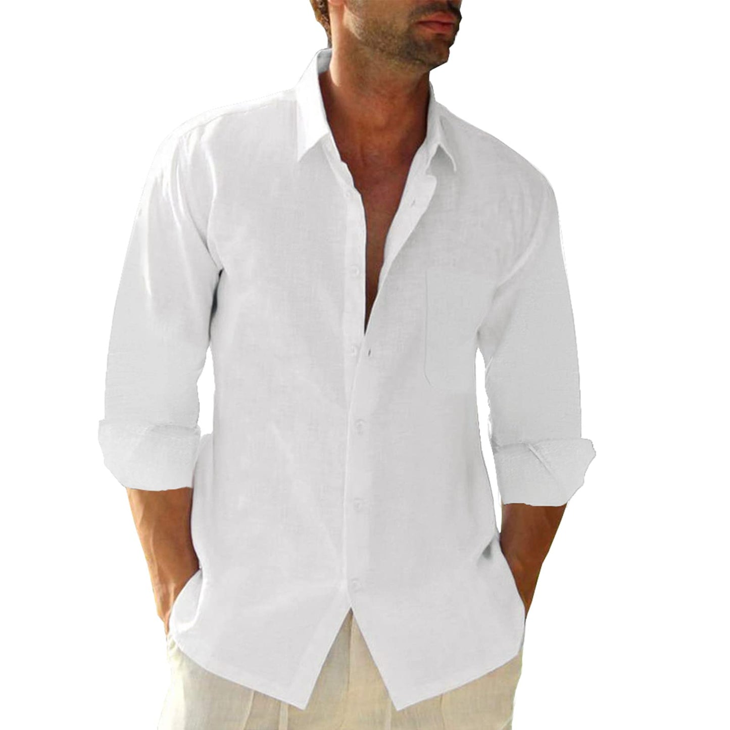 Linen Cotton Button Down Shirts for Men, Casual Long Sleeve Regular Fit Beach Shirts with Pocket