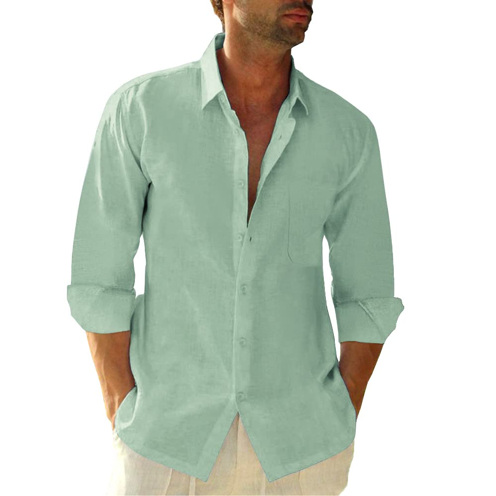 Linen Cotton Button Down Shirts for Men, Casual Long Sleeve Regular Fit Beach Shirts with Pocket