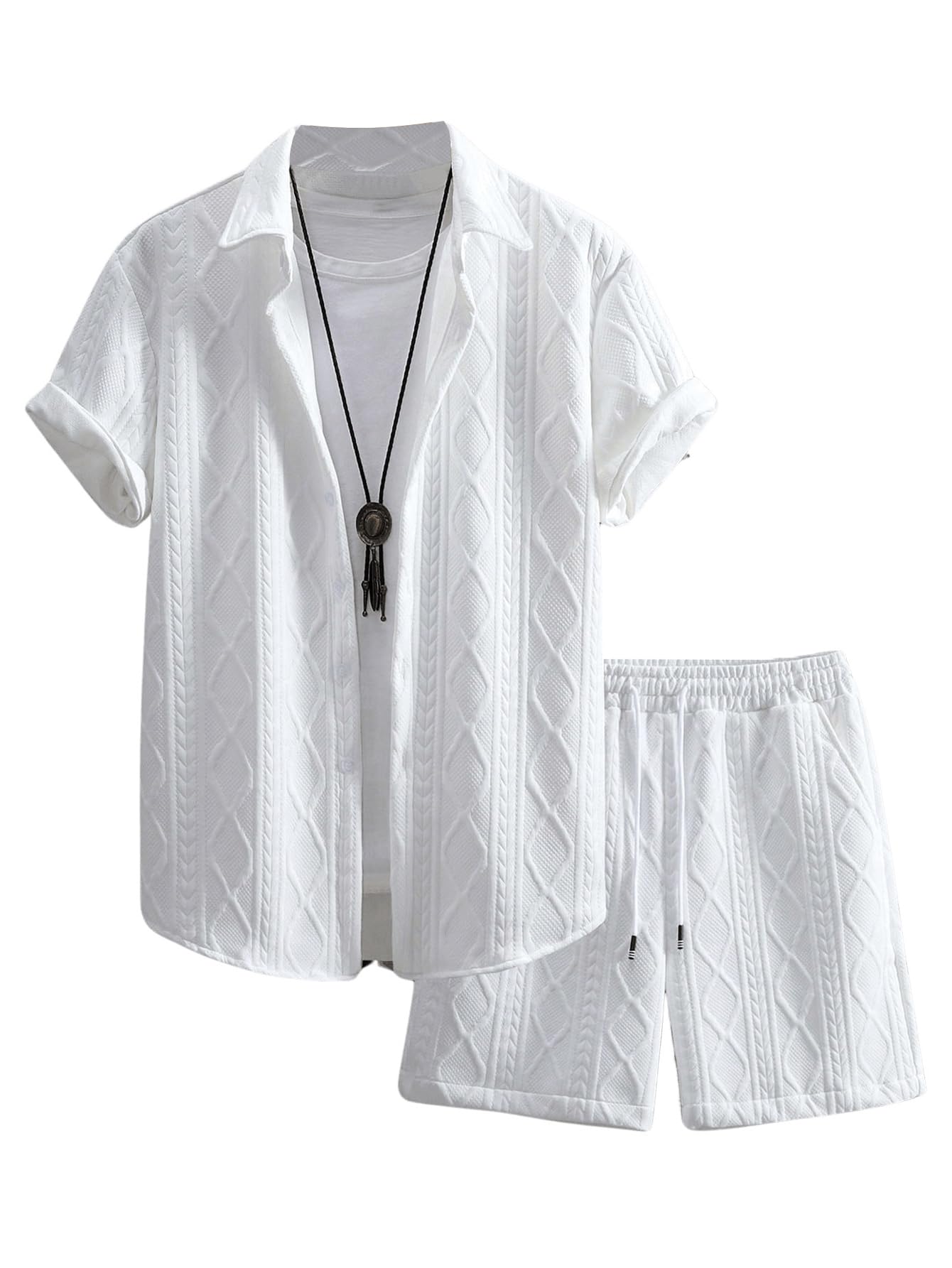 Waffle Knit 2 Piece Outfits for Men, Button Down Shirt and Shorts Set