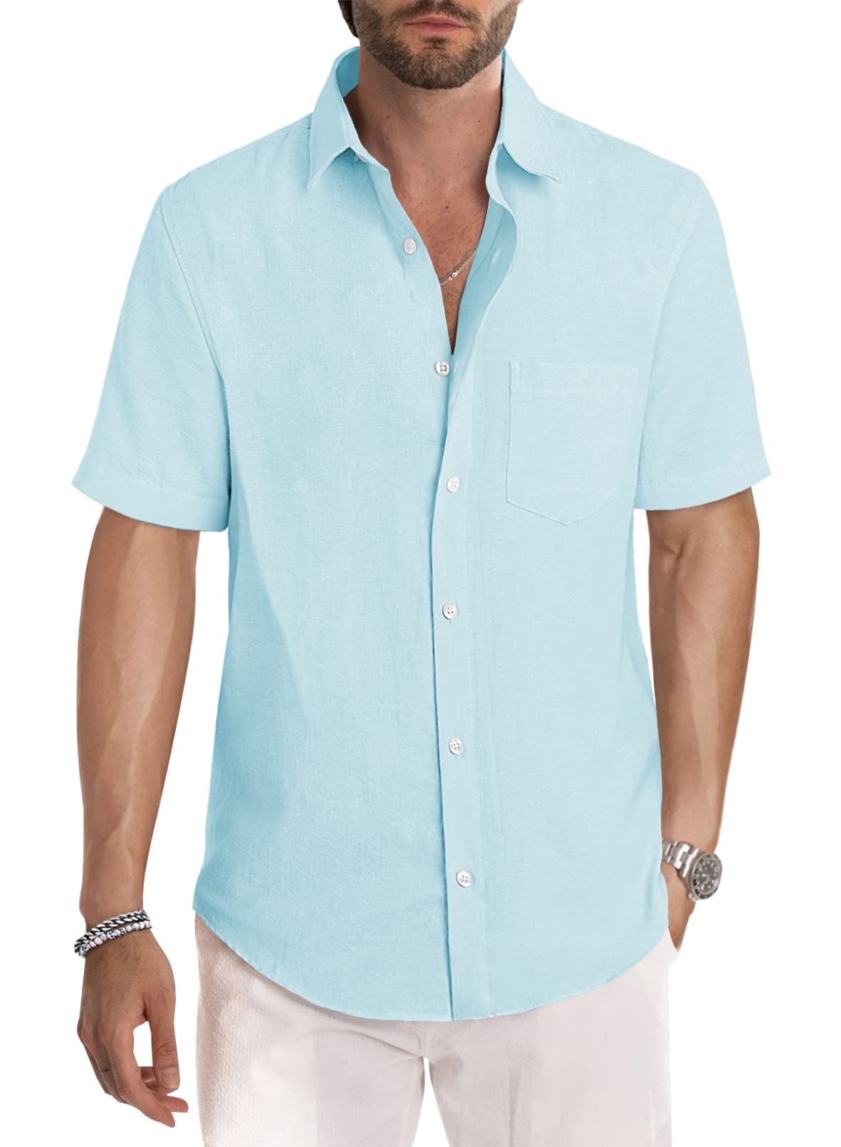 Men's Casual Stylish Short Sleeve Button-Up Striped Dress Shirt Cotton Beach Shirts