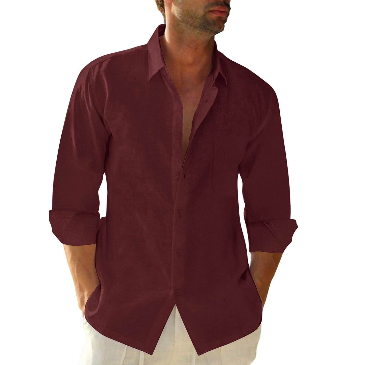 Linen Cotton Button Down Shirts for Men, Casual Long Sleeve Regular Fit Beach Shirts with Pocket