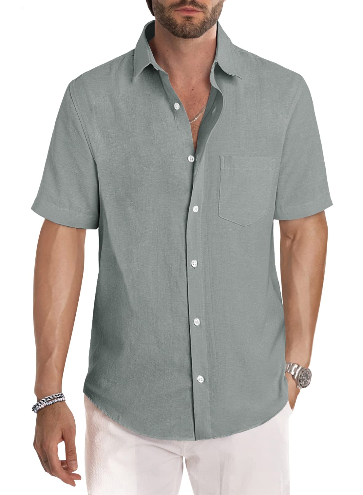 Men's Casual Stylish Short Sleeve Button-Up Striped Dress Shirt Cotton Beach Shirts