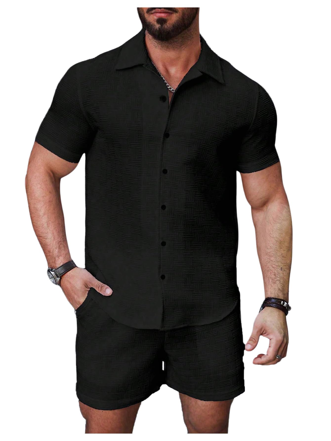 Waffle Knit 2 Piece Outfits for Men, Button Down Shirt and Shorts Set