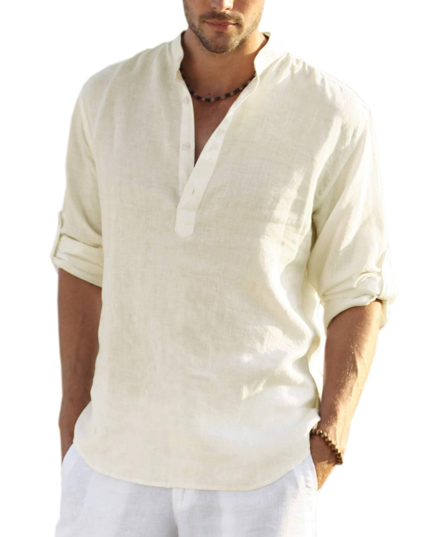 Cotton Linen Henley T-Shirt for Men, Long Sleeve Hippie Casual Beach T-Shirts