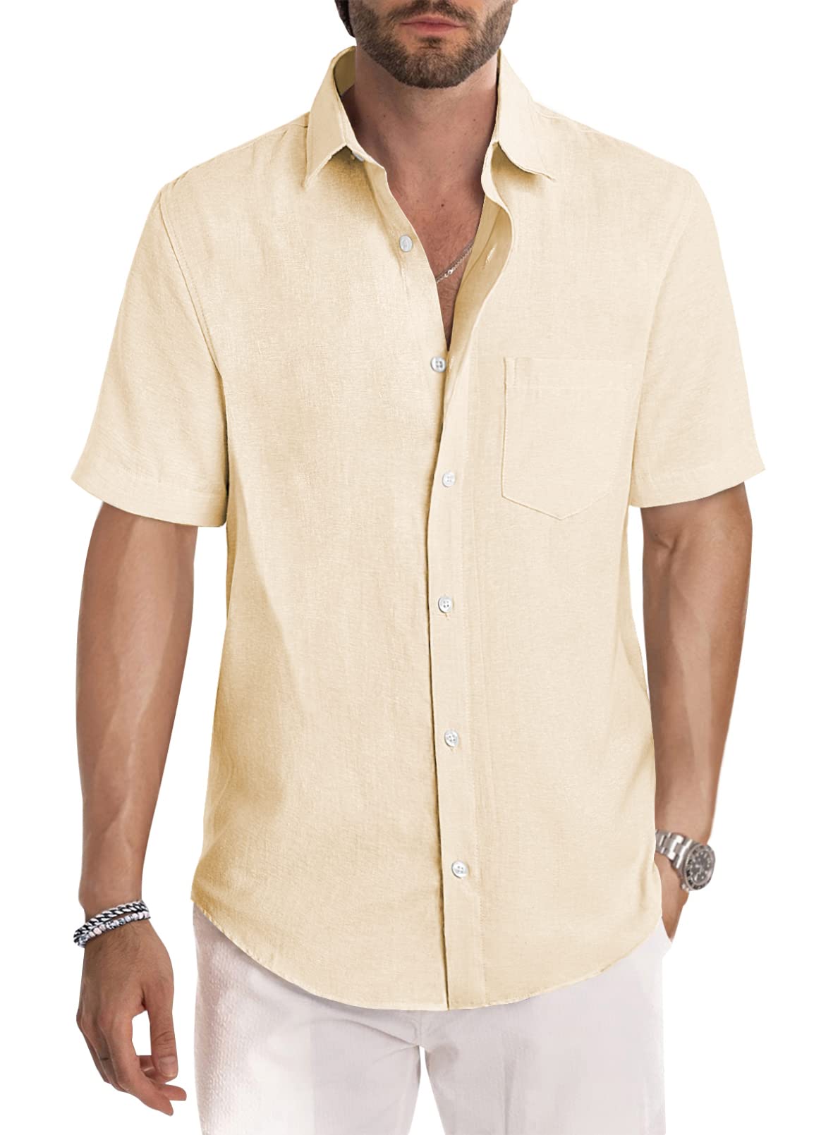 Men's Casual Stylish Short Sleeve Button-Up Striped Dress Shirt Cotton Beach Shirts