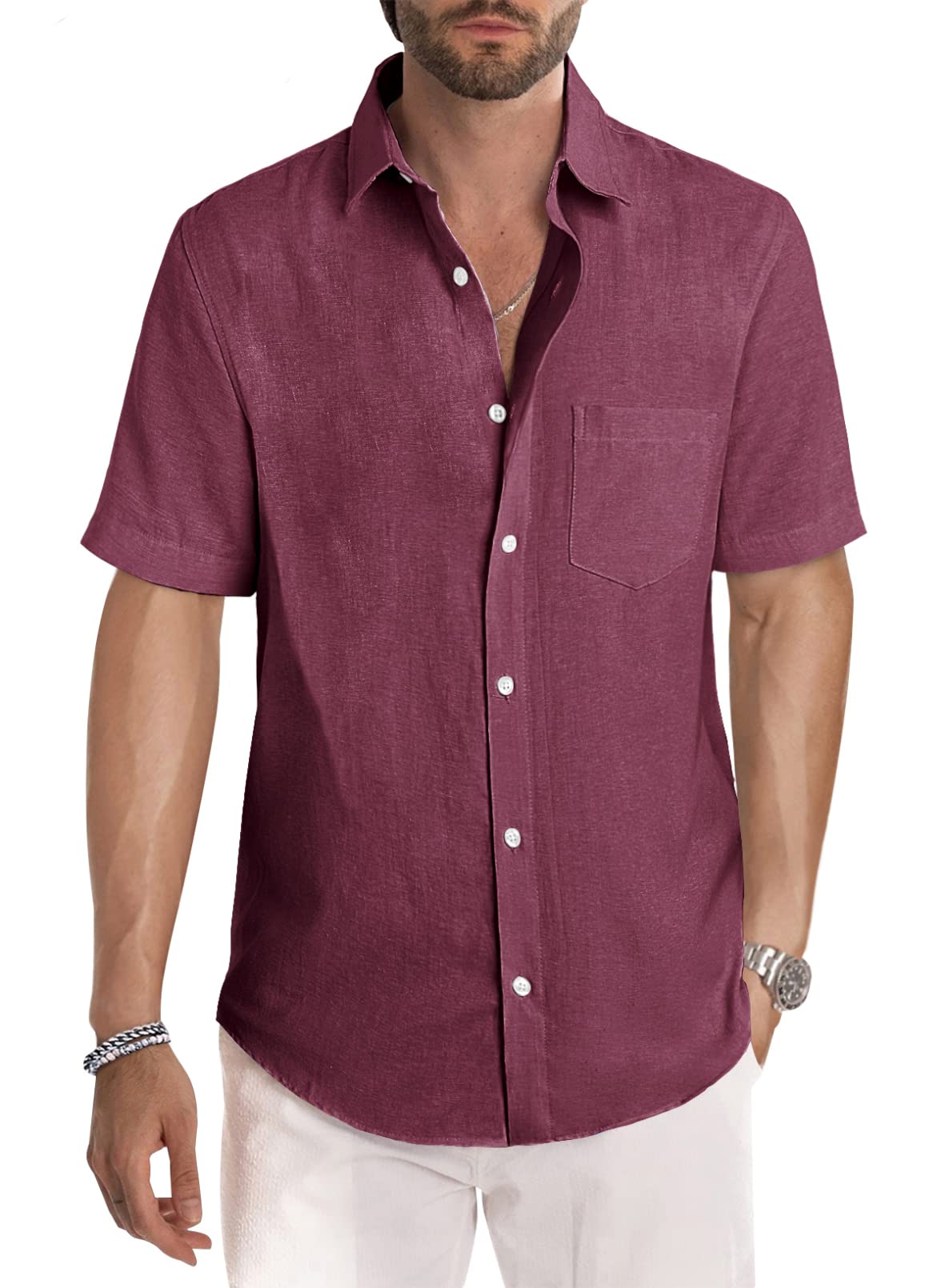 Men's Casual Stylish Short Sleeve Button-Up Striped Dress Shirt Cotton Beach Shirts