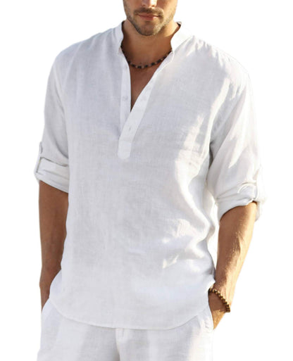 Cotton Linen Henley T-Shirt for Men, Long Sleeve Hippie Casual Beach T-Shirts