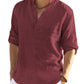 Cotton Linen Henley T-Shirt for Men, Long Sleeve Hippie Casual Beach T-Shirts