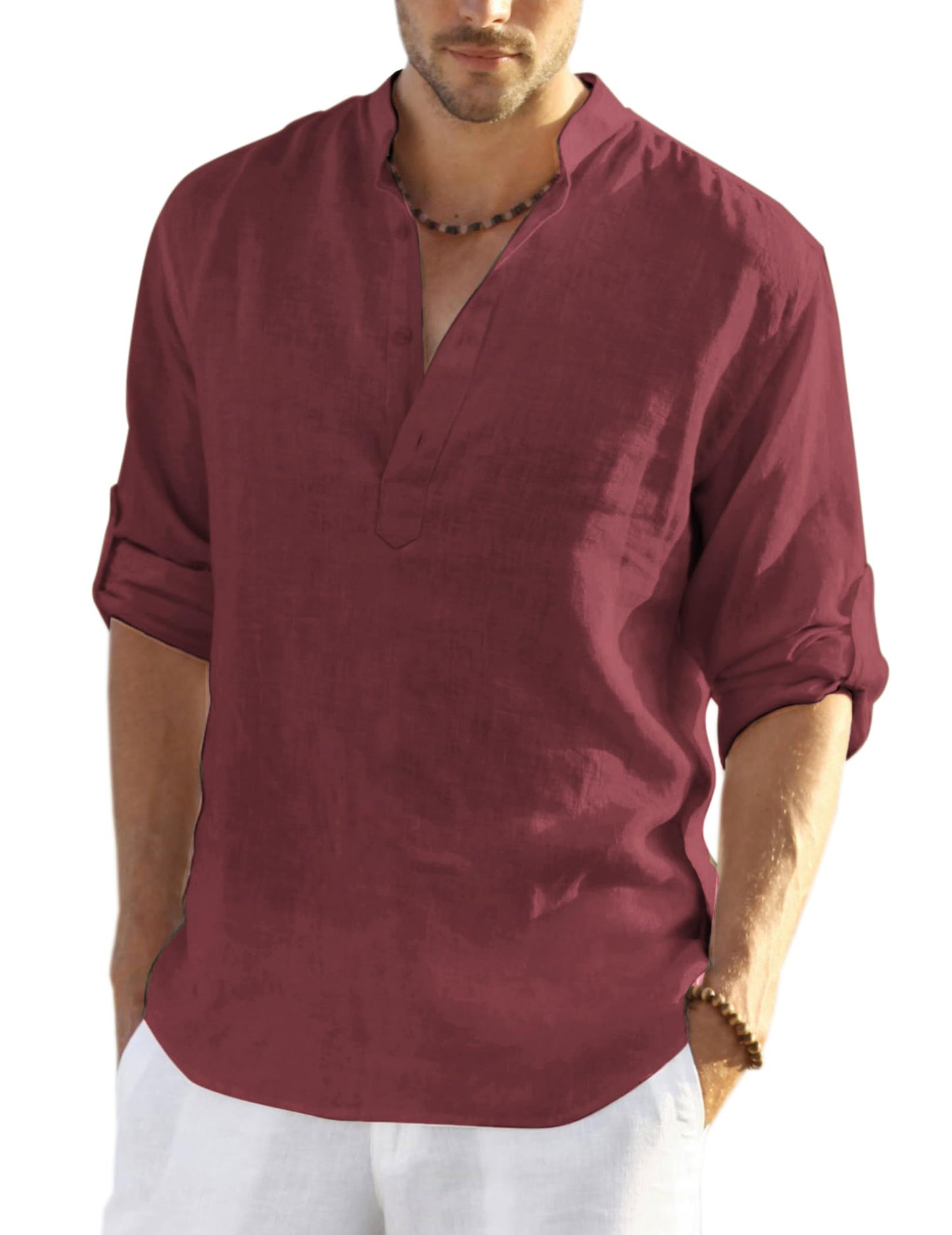 Cotton Linen Henley T-Shirt for Men, Long Sleeve Hippie Casual Beach T-Shirts