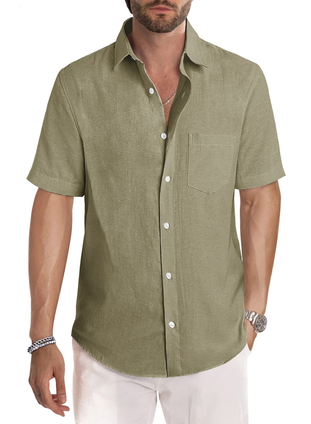 Men's Casual Stylish Short Sleeve Button-Up Striped Dress Shirt Cotton Beach Shirts