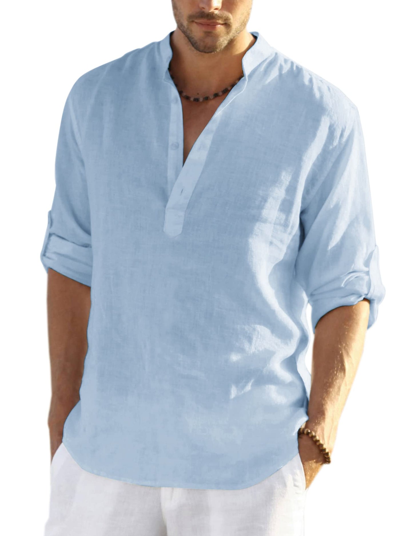 Cotton Linen Henley T-Shirt for Men, Long Sleeve Hippie Casual Beach T-Shirts