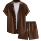 Waffle Knit 2 Piece Outfits for Men, Button Down Shirt and Shorts Set