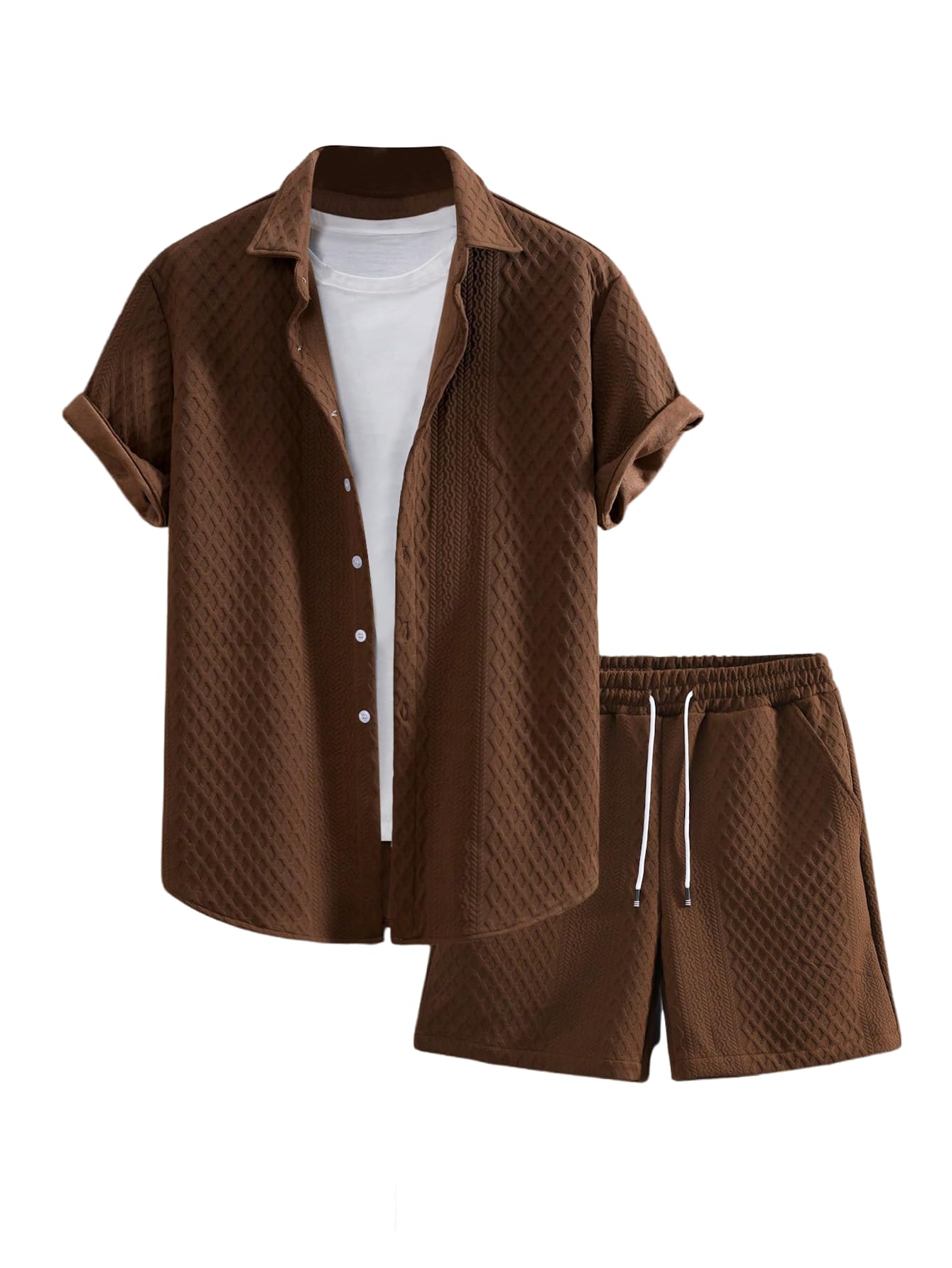 Waffle Knit 2 Piece Outfits for Men, Button Down Shirt and Shorts Set