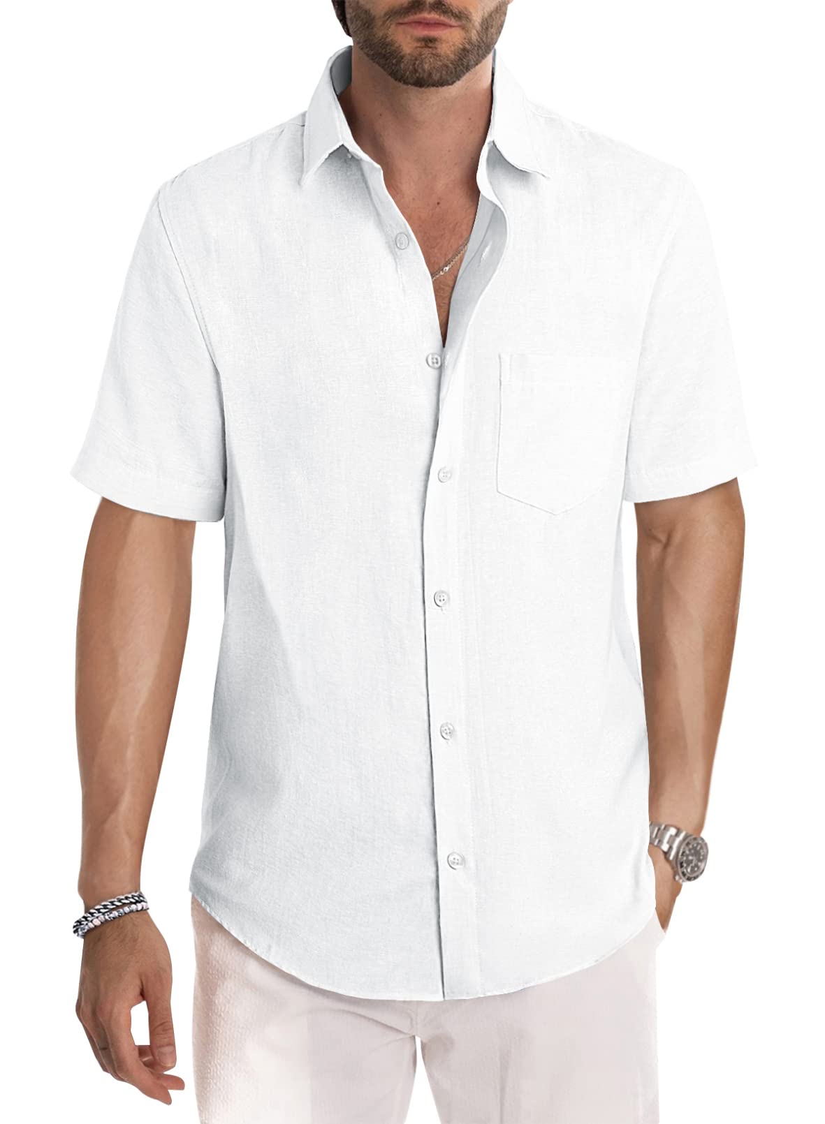 Men's Casual Stylish Short Sleeve Button-Up Striped Dress Shirt Cotton Beach Shirts