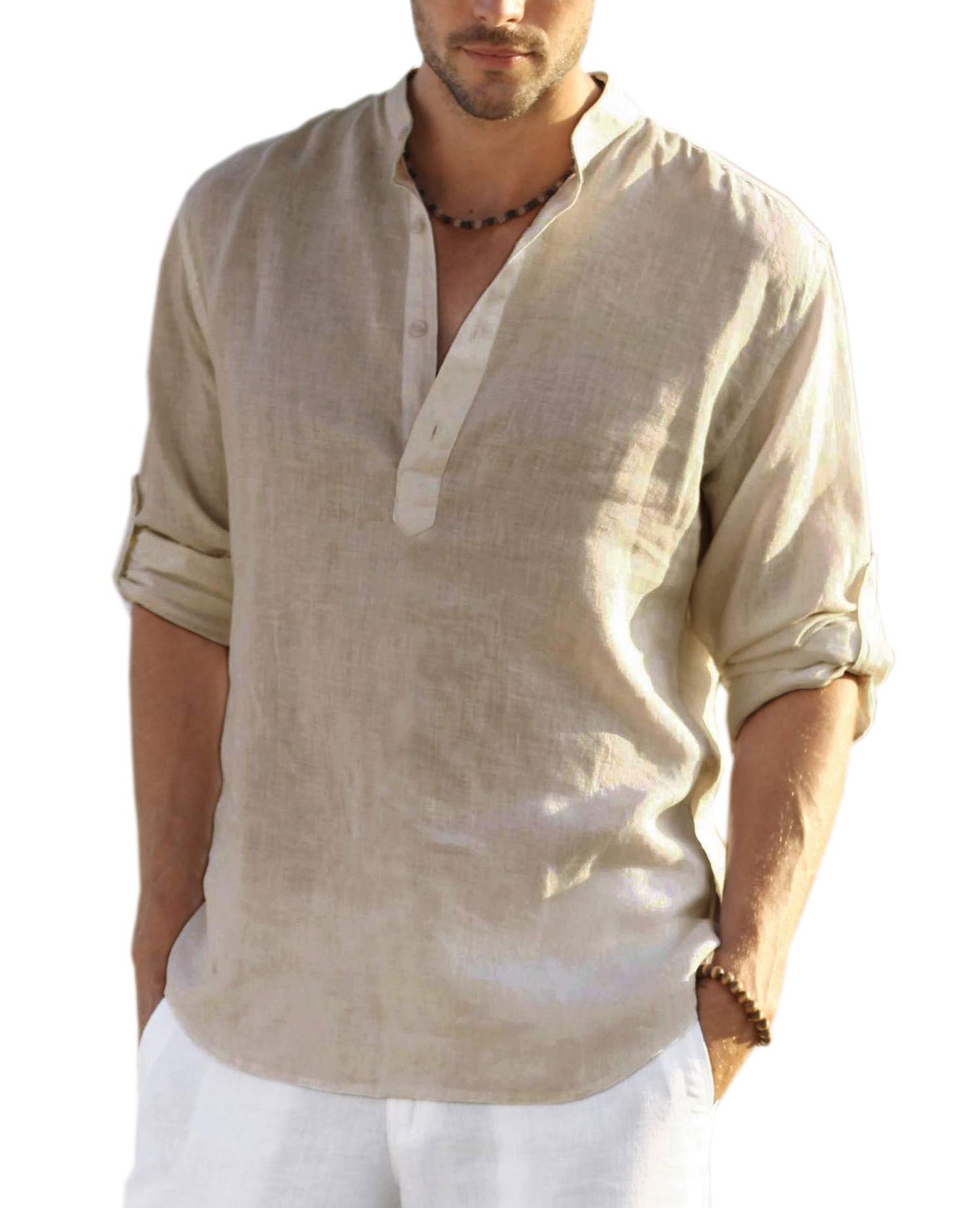 Cotton Linen Henley T-Shirt for Men, Long Sleeve Hippie Casual Beach T-Shirts