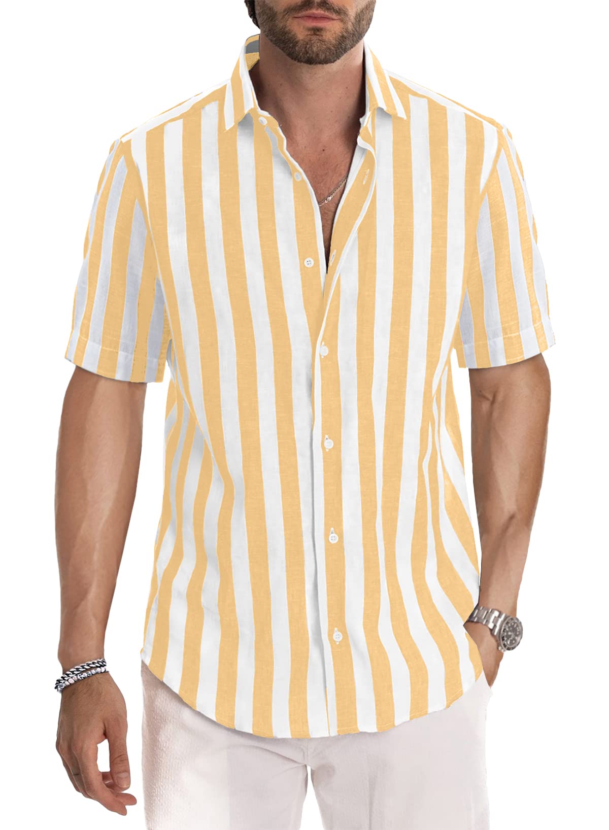 Men's Casual Stylish Short Sleeve Button-Up Striped Dress Shirt Cotton Beach Shirts