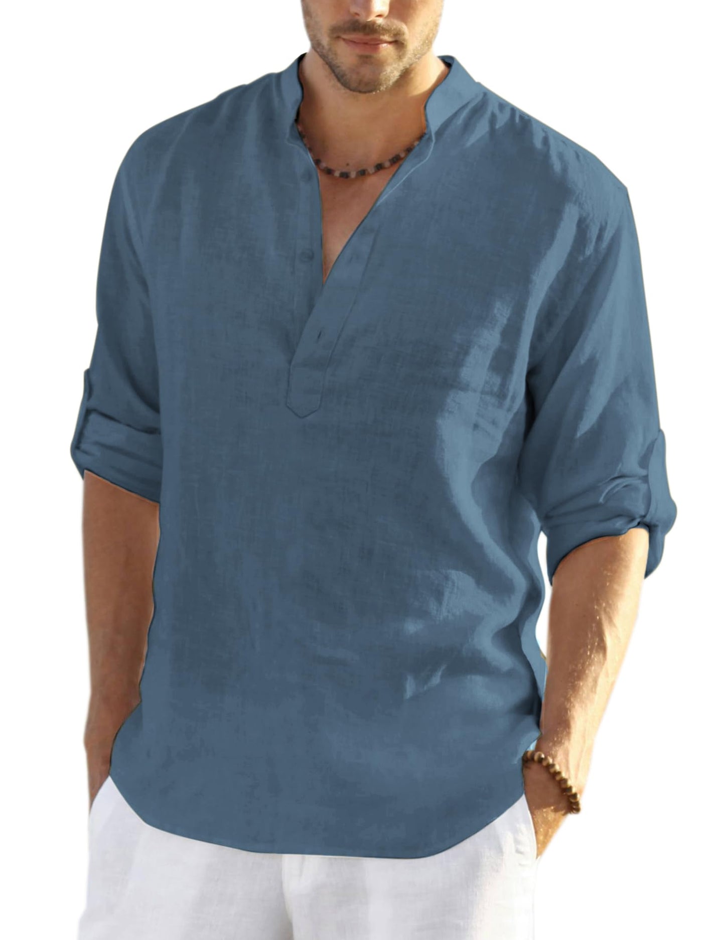 Cotton Linen Henley T-Shirt for Men, Long Sleeve Hippie Casual Beach T-Shirts