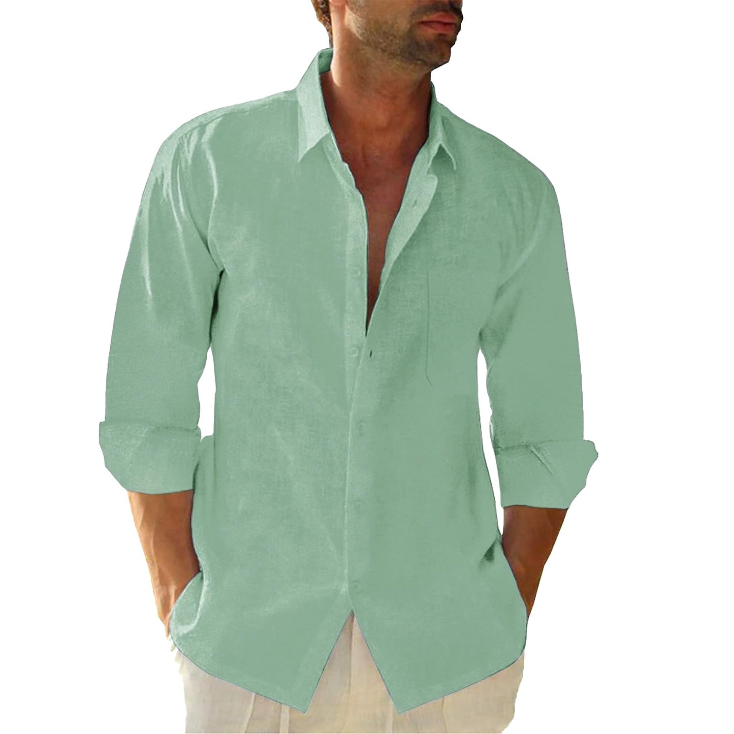 Linen Cotton Button Down Shirts for Men, Casual Long Sleeve Regular Fit Beach Shirts with Pocket