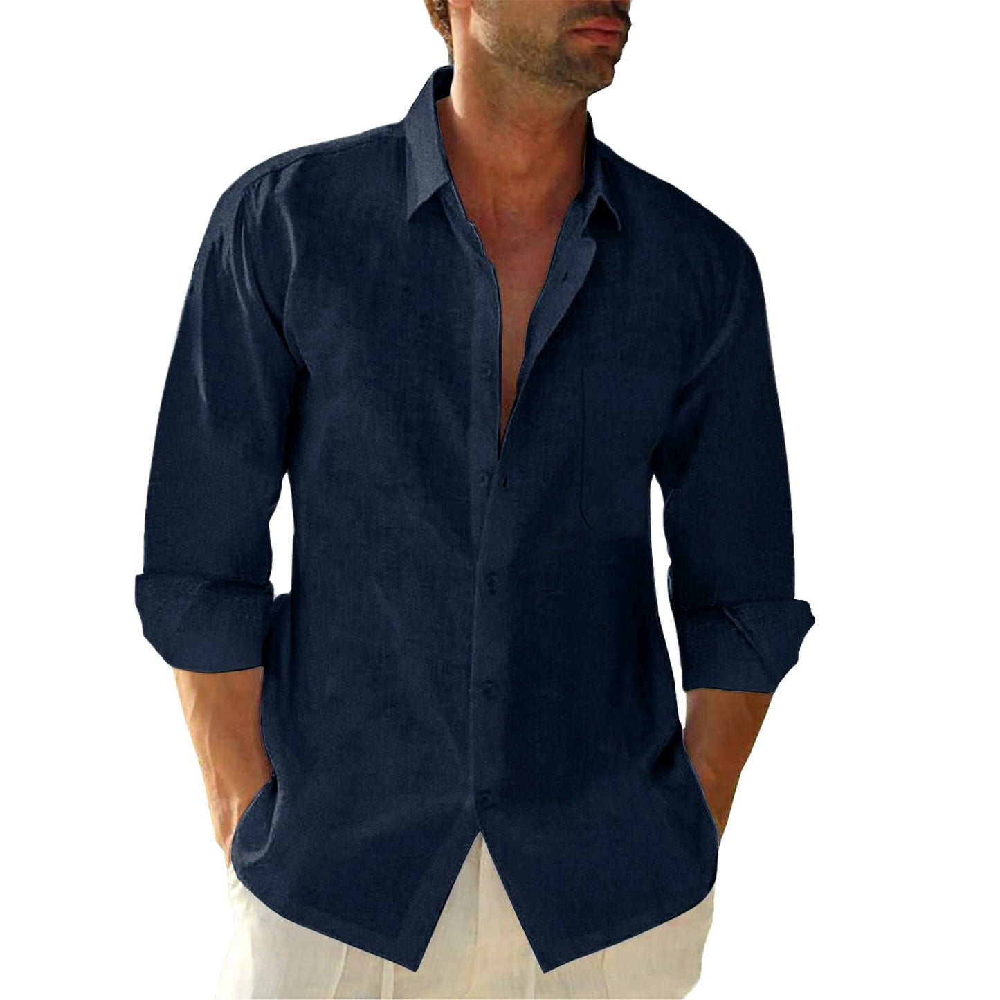 Linen Cotton Button Down Shirts for Men, Casual Long Sleeve Regular Fit Beach Shirts with Pocket