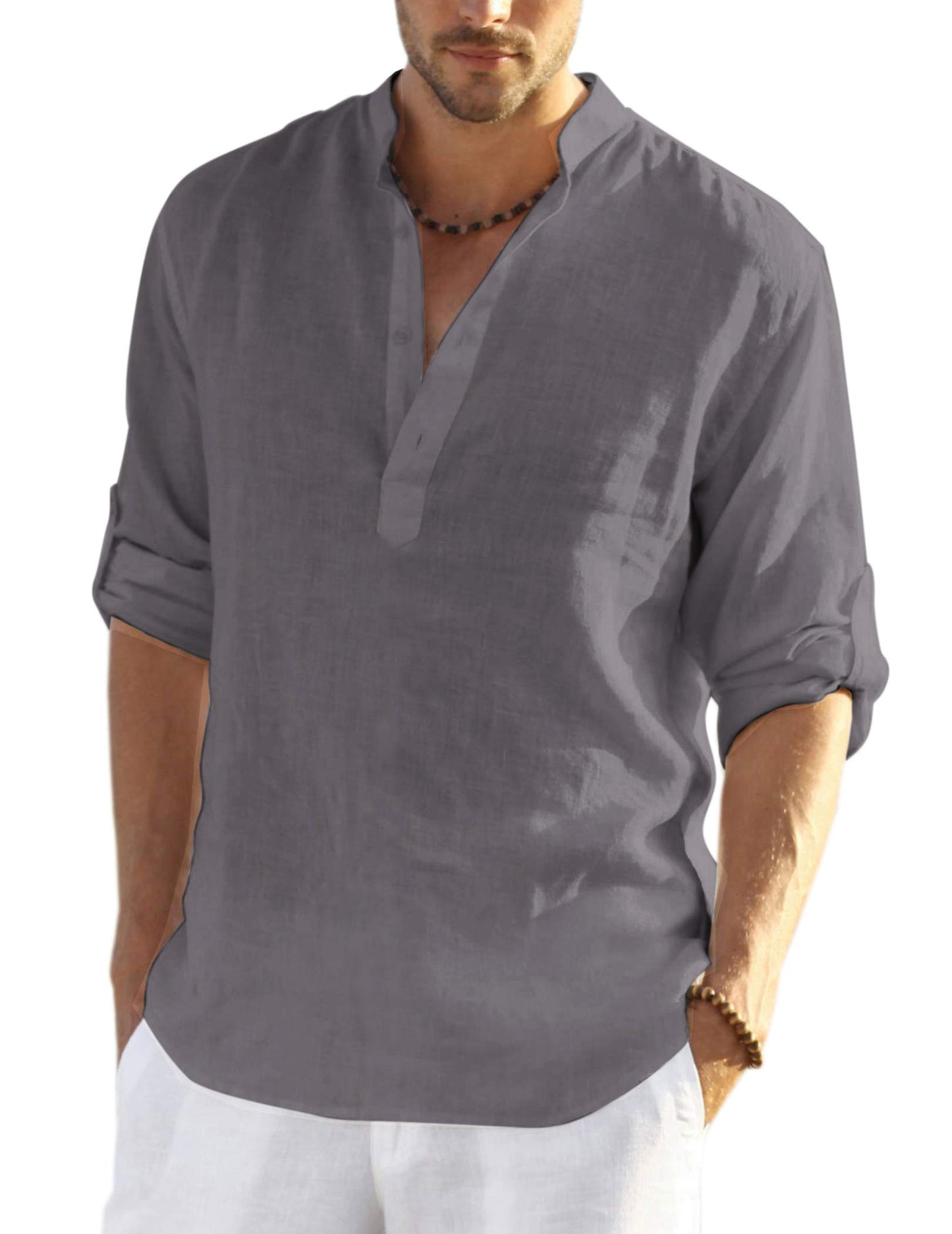 Cotton Linen Henley T-Shirt for Men, Long Sleeve Hippie Casual Beach T-Shirts