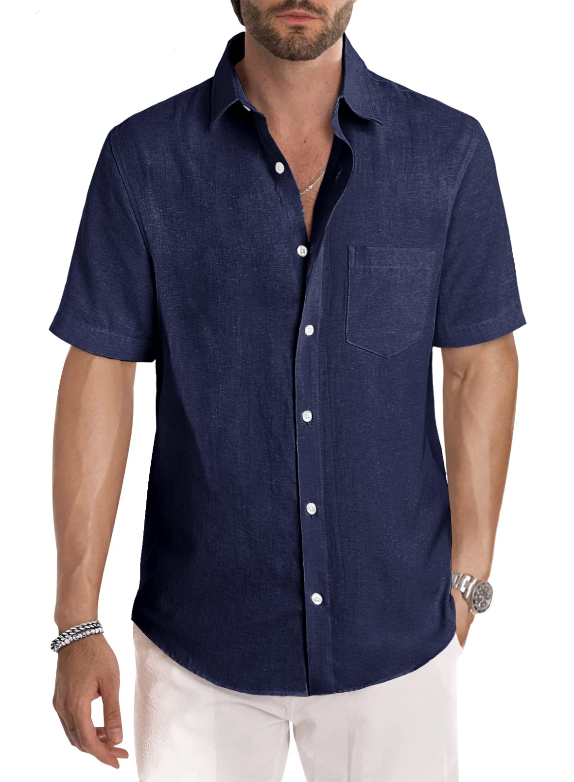 Men's Casual Stylish Short Sleeve Button-Up Striped Dress Shirt Cotton Beach Shirts