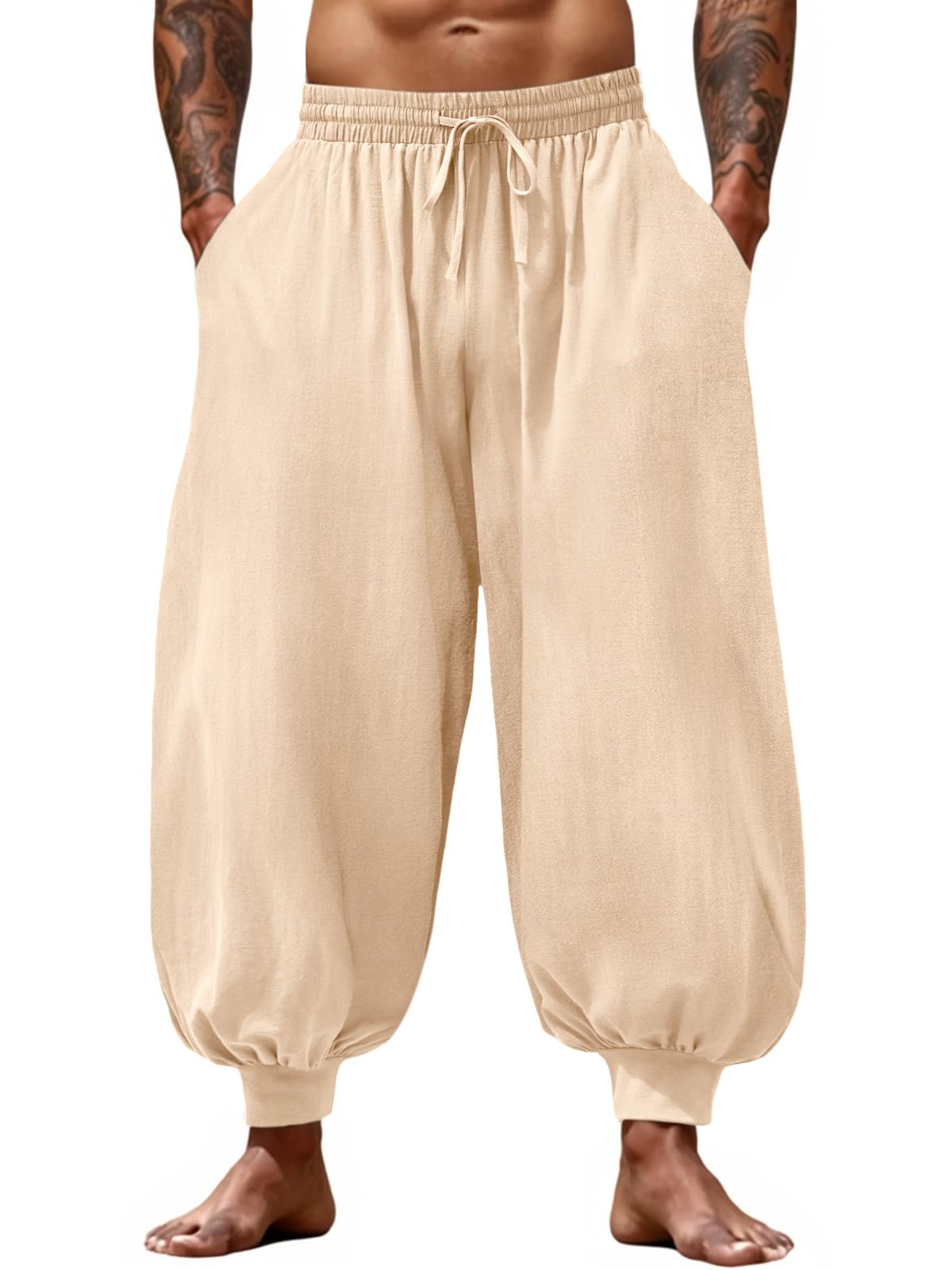 Casual Elastic Waist Drawstring Baggy Pants, Cotton Linen Loose Boho Yoga Beach Trousers