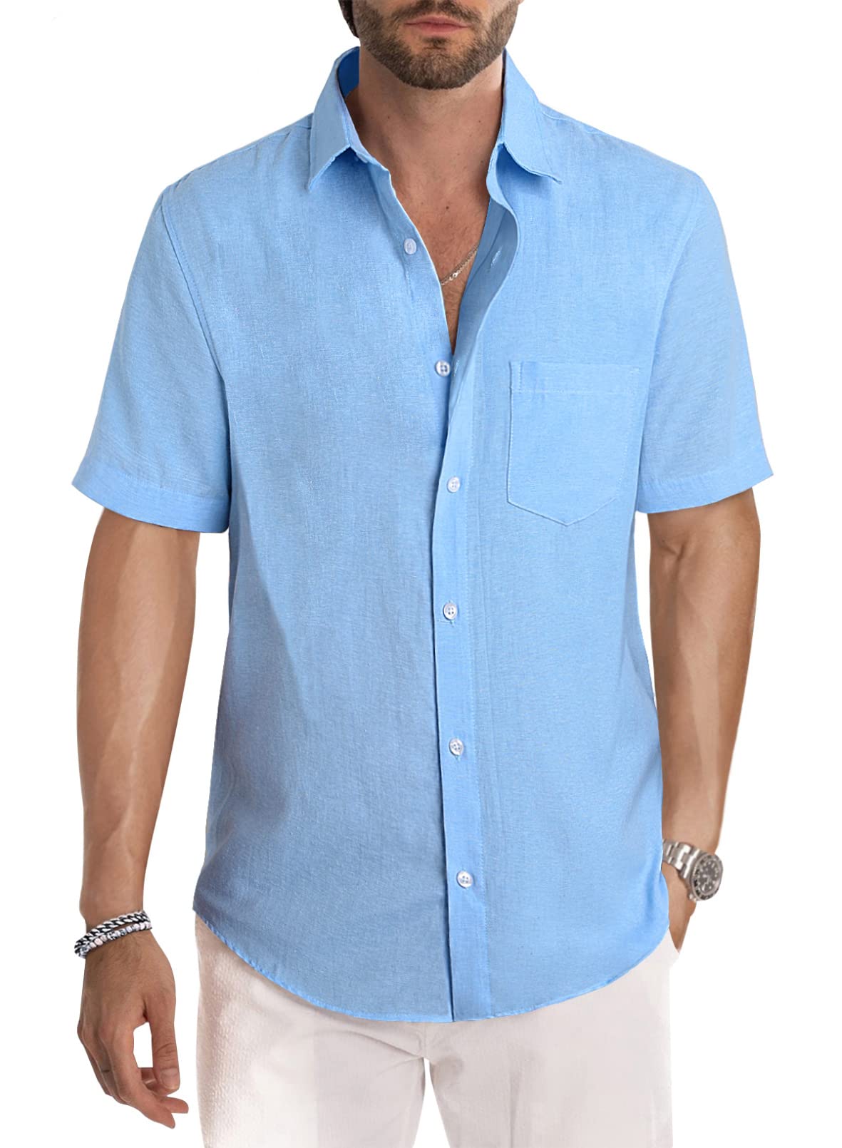 Men's Casual Stylish Short Sleeve Button-Up Striped Dress Shirt Cotton Beach Shirts