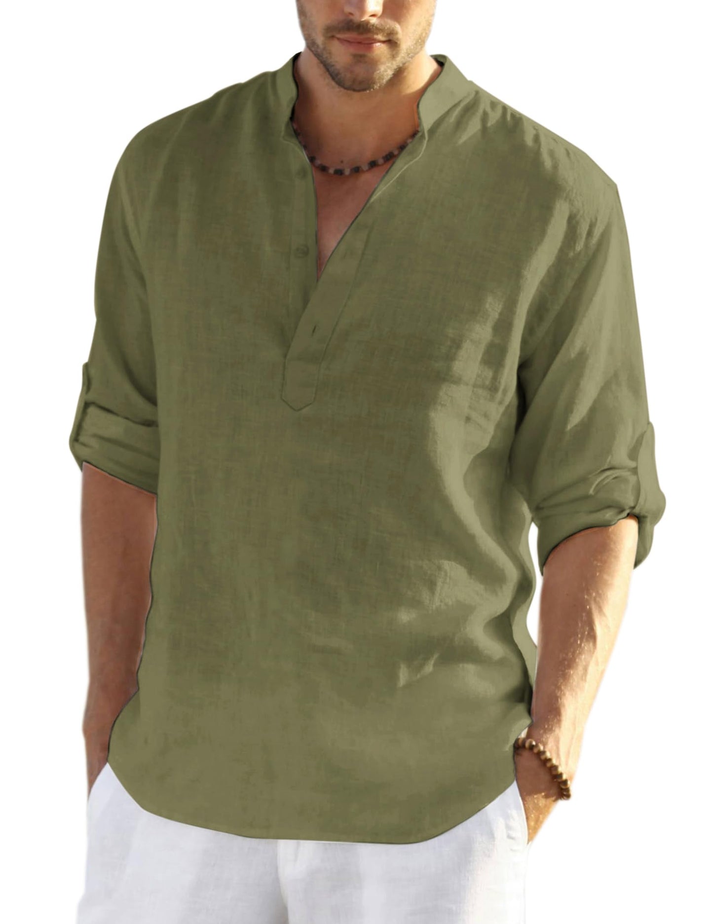 Cotton Linen Henley T-Shirt for Men, Long Sleeve Hippie Casual Beach T-Shirts