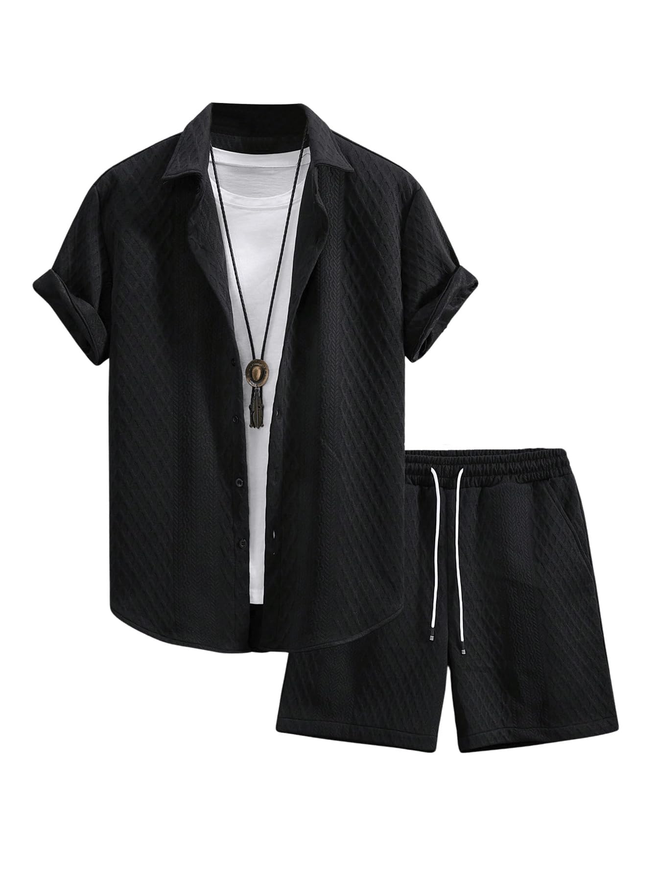 Waffle Knit 2 Piece Outfits for Men, Button Down Shirt and Shorts Set