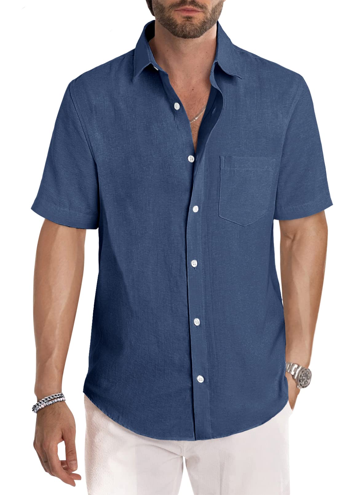 Men's Casual Stylish Short Sleeve Button-Up Striped Dress Shirt Cotton Beach Shirts