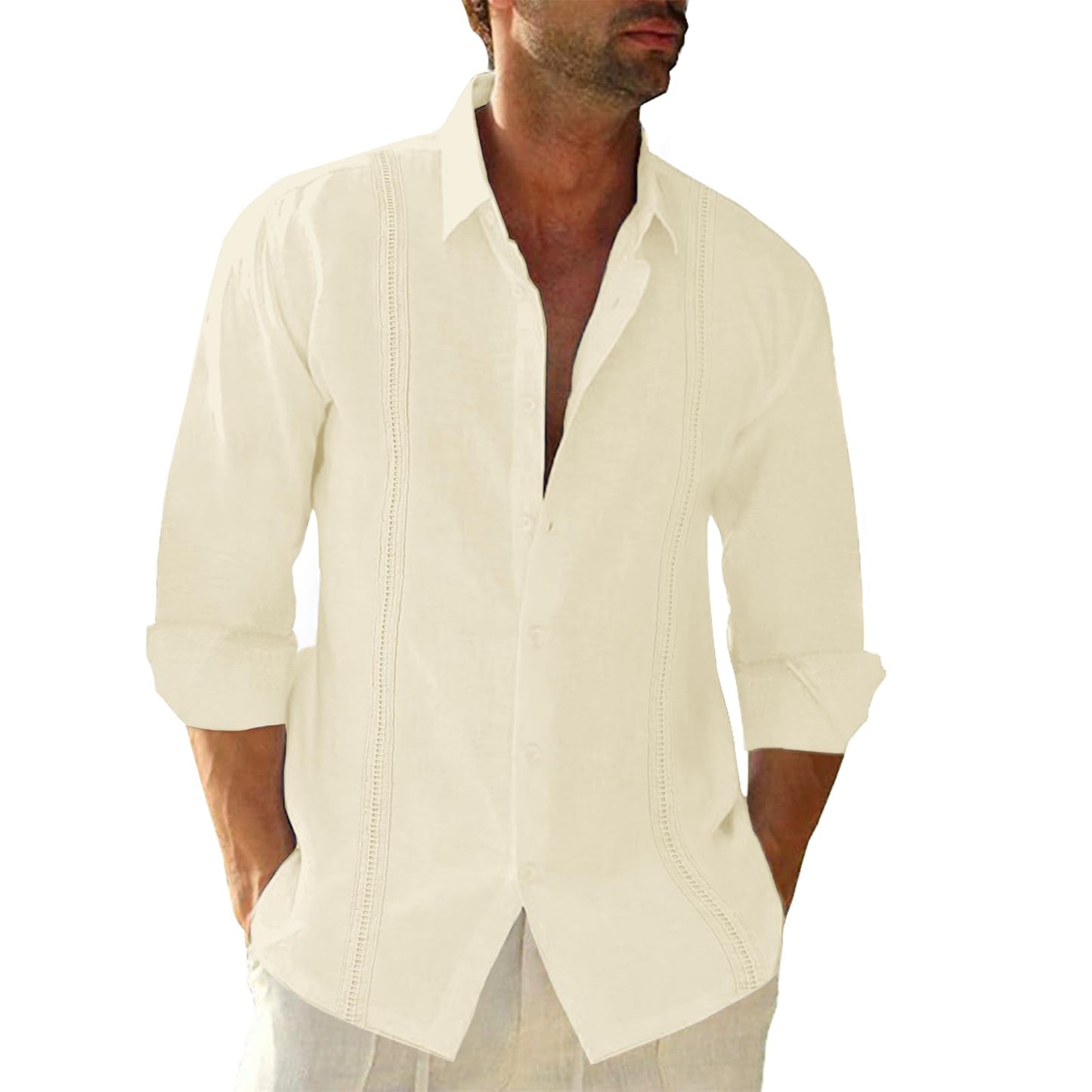 Linen Cotton Button Down Shirts for Men, Casual Long Sleeve Regular Fit Beach Shirts with Pocket