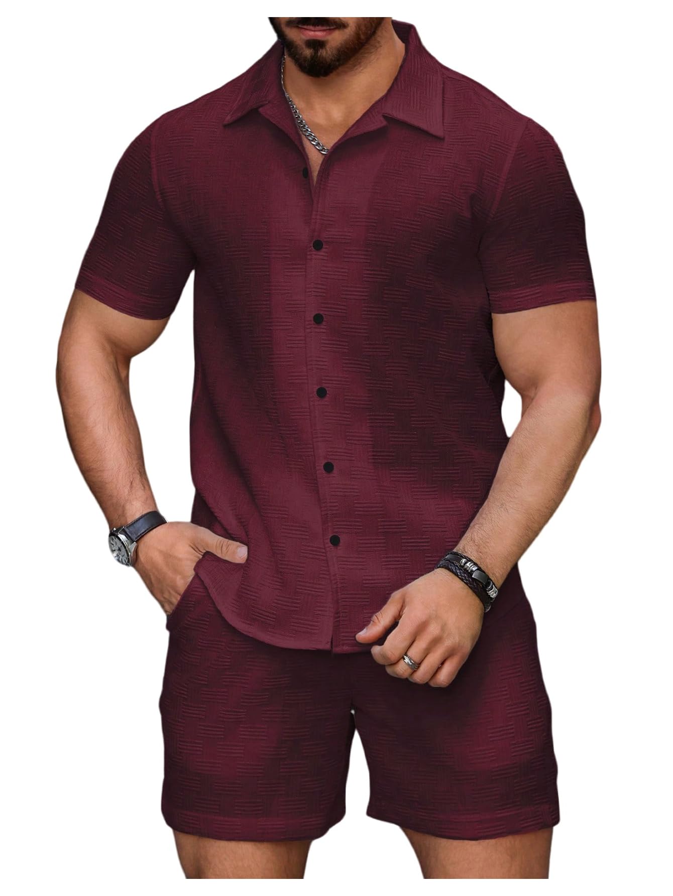 Waffle Knit 2 Piece Outfits for Men, Button Down Shirt and Shorts Set