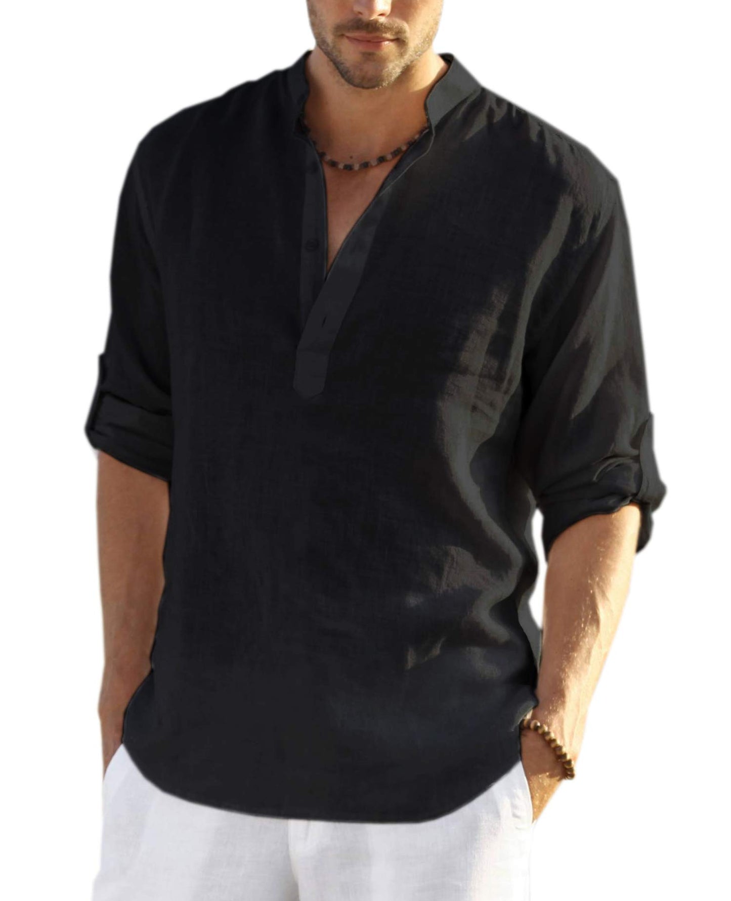 Cotton Linen Henley T-Shirt for Men, Long Sleeve Hippie Casual Beach T-Shirts
