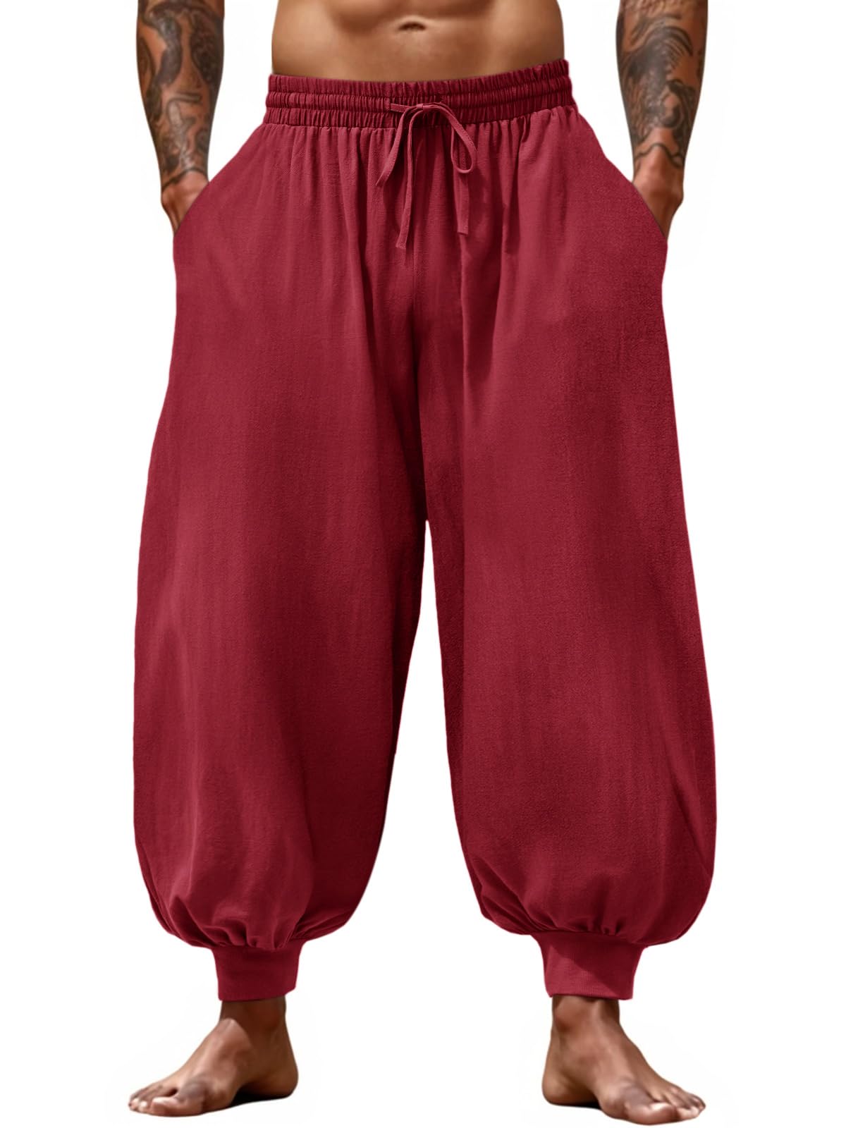 Casual Elastic Waist Drawstring Baggy Pants, Cotton Linen Loose Boho Yoga Beach Trousers