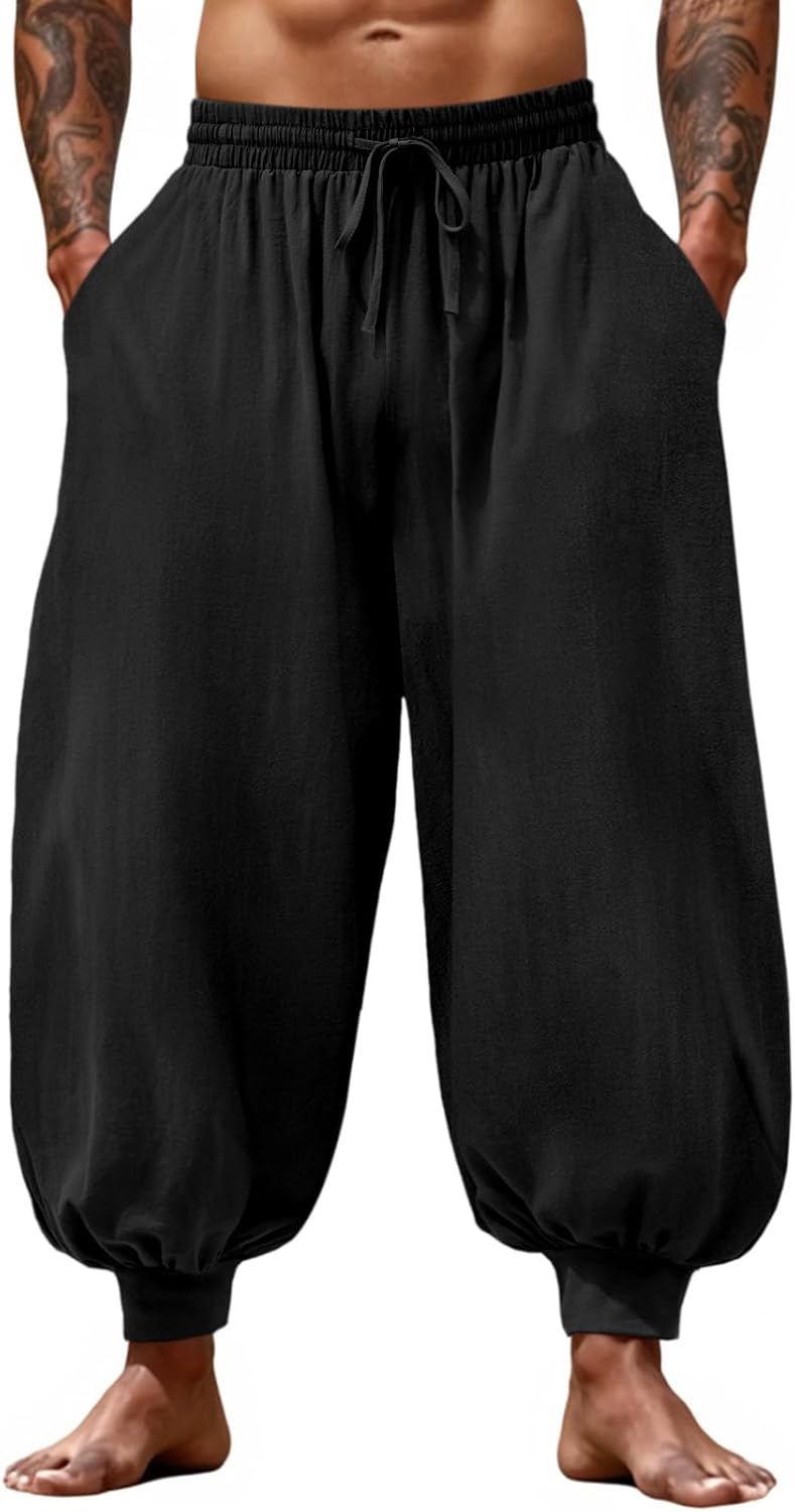 Casual Elastic Waist Drawstring Baggy Pants, Cotton Linen Loose Boho Yoga Beach Trousers