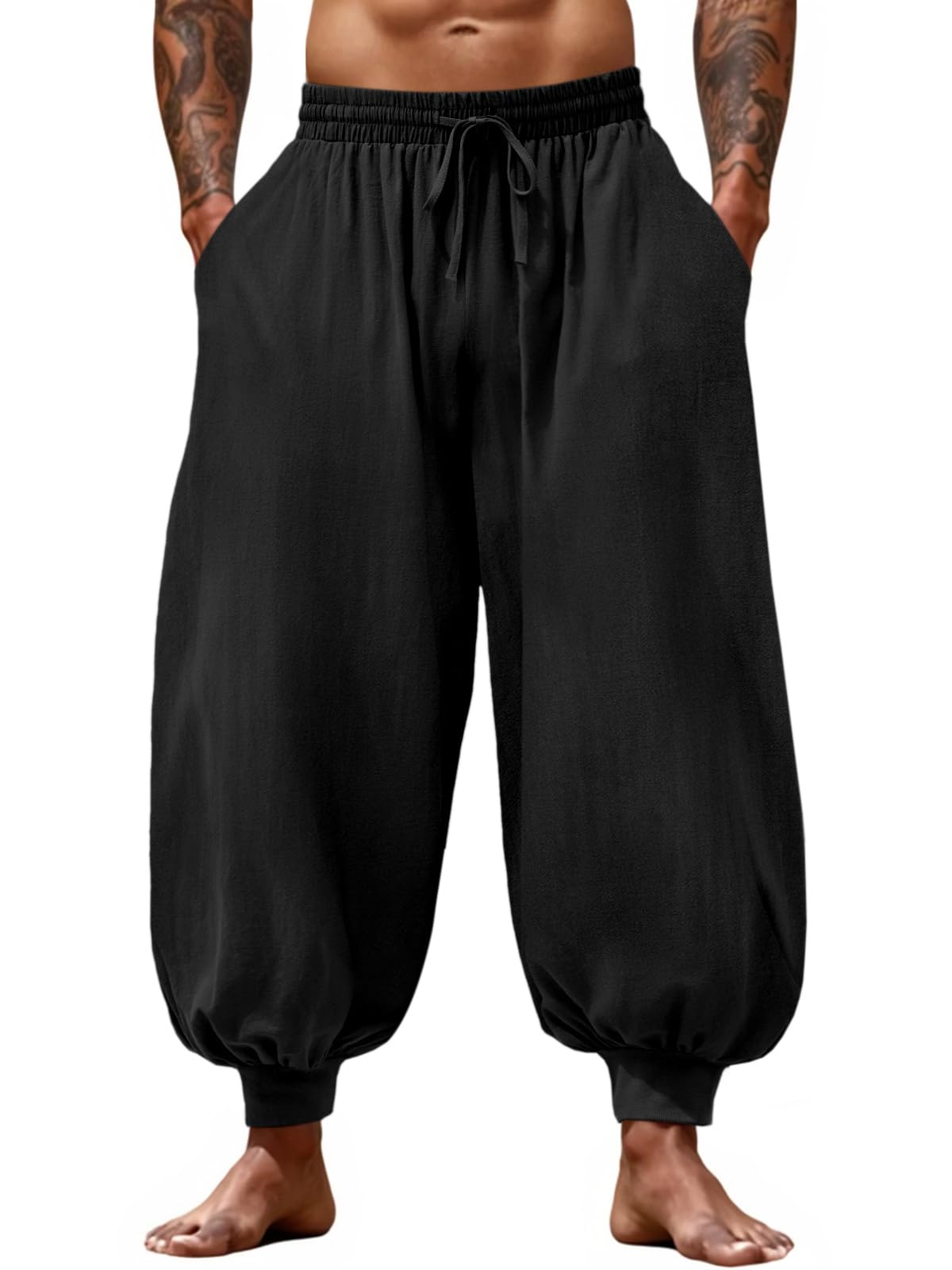 Casual Elastic Waist Drawstring Baggy Pants, Cotton Linen Loose Boho Yoga Beach Trousers