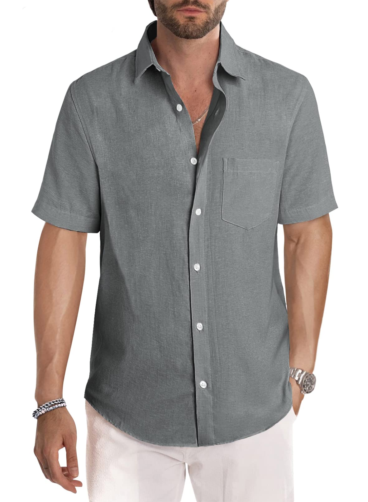 Men's Casual Stylish Short Sleeve Button-Up Striped Dress Shirt Cotton Beach Shirts