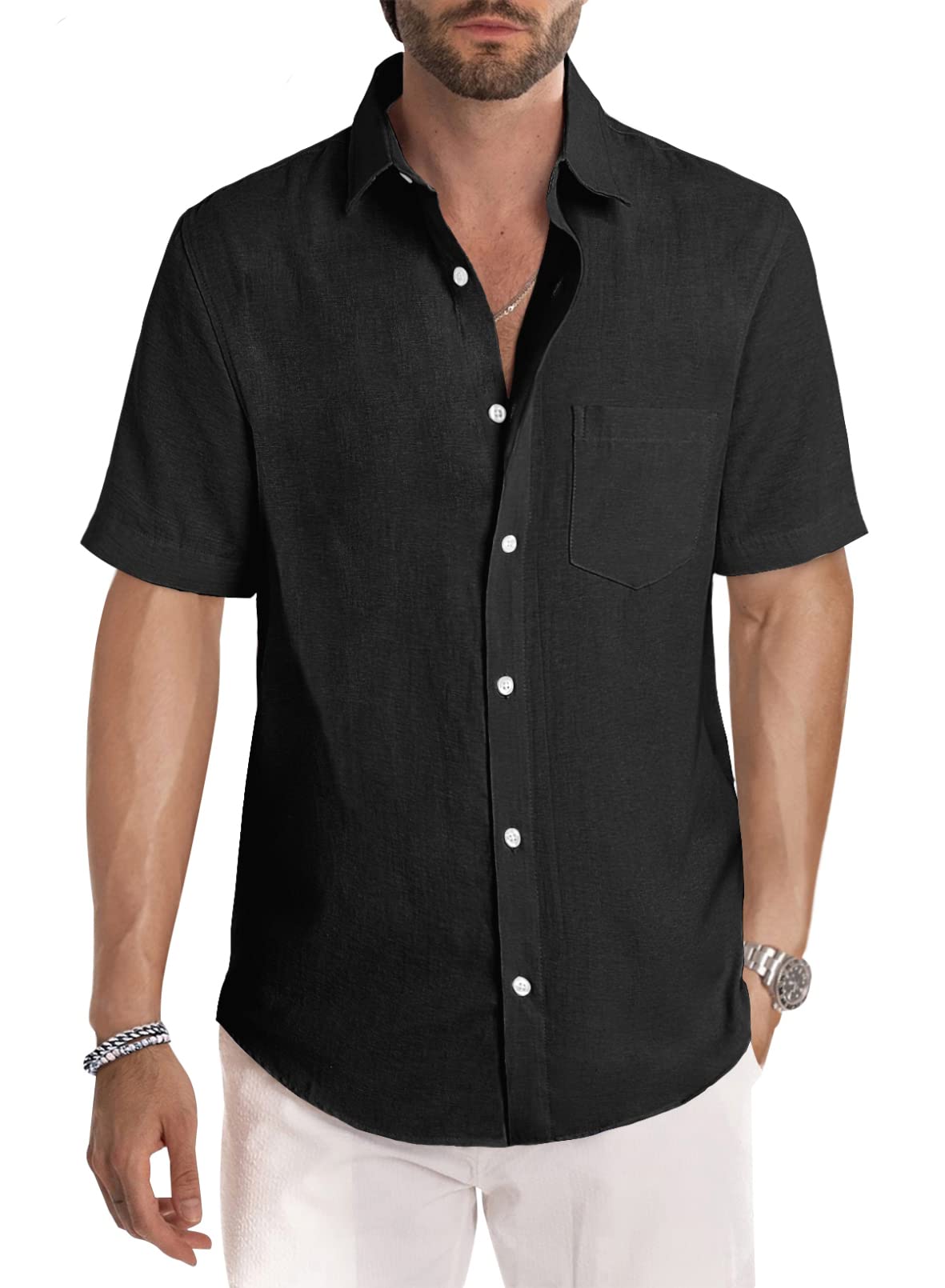Men's Casual Stylish Short Sleeve Button-Up Striped Dress Shirt Cotton Beach Shirts