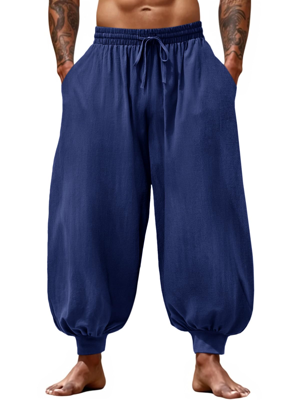 Casual Elastic Waist Drawstring Baggy Pants, Cotton Linen Loose Boho Yoga Beach Trousers
